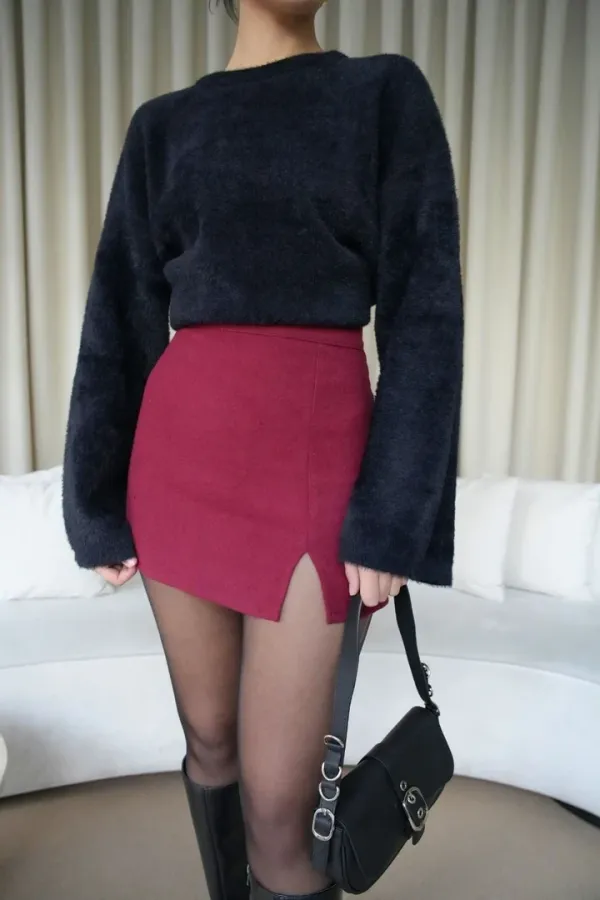 Yırtmaçlı Mini Kaşe Etek