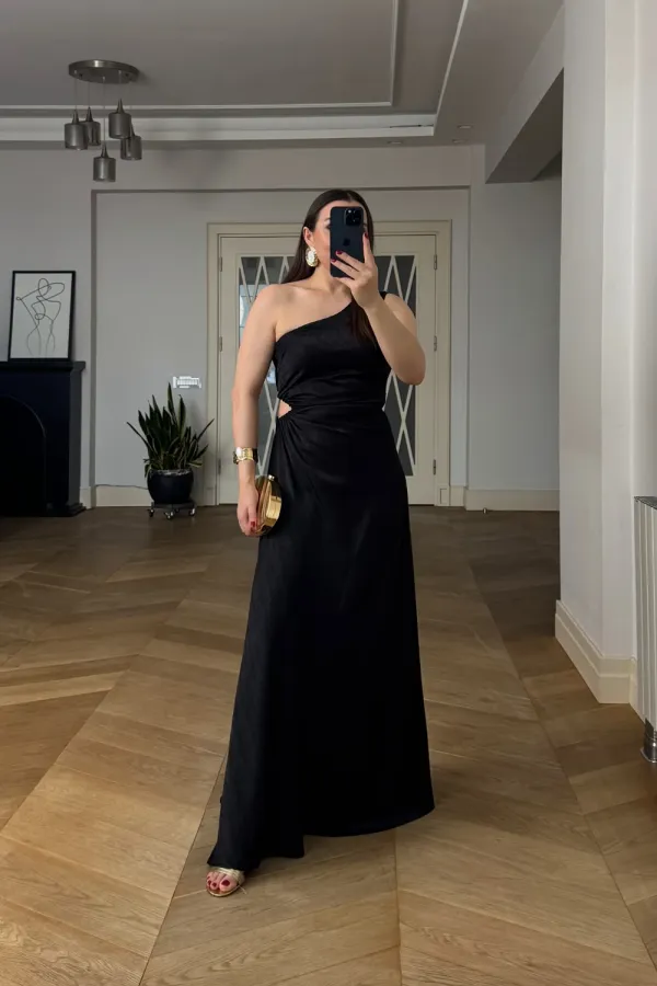 One-Sleeve Long Dress with Waistline Cutout One-Sleeve Long Dress with Waistline Cutout