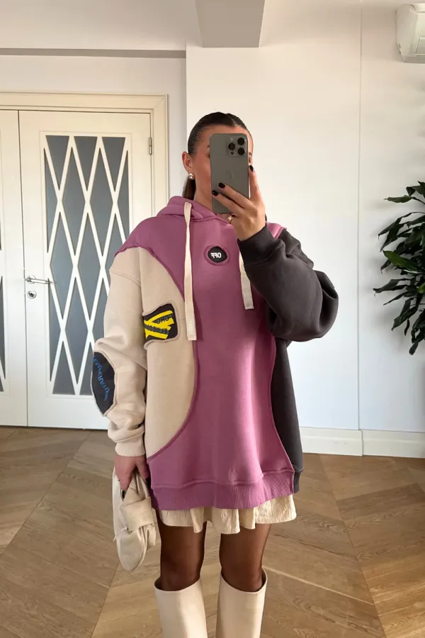 Blok Renkli Kapüşonlu Kadın Sweatshirt