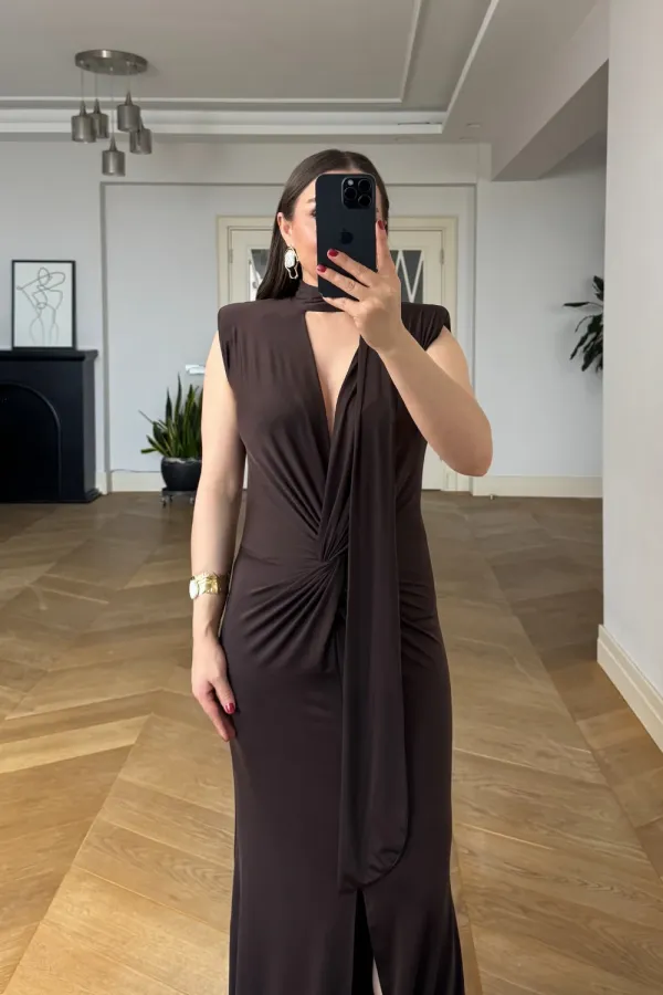 V-Neck Long Dress with Knot Detail