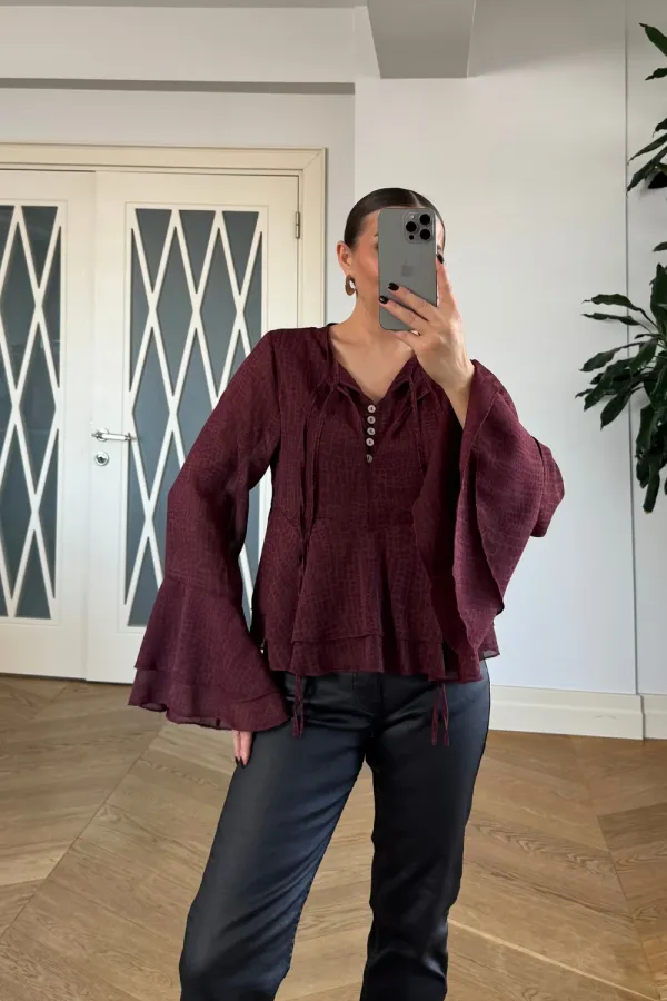 Yakası Bağlamalı Şifon Bluz