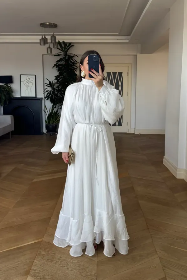 Mandarin Collar Long Dress with Ruffle Detail Mandarin Collar Long Dress with Ruffle Detail