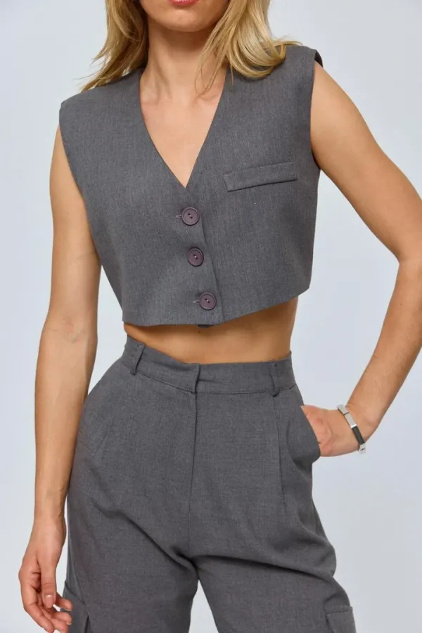 Düğmeli Crop Kadın Yelek