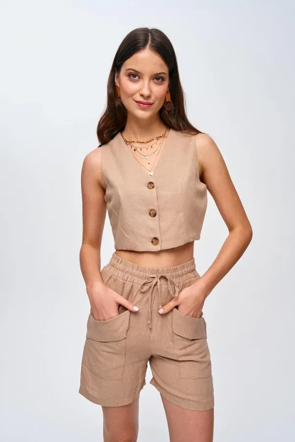 Keten Yelek Şort Kadın Takım