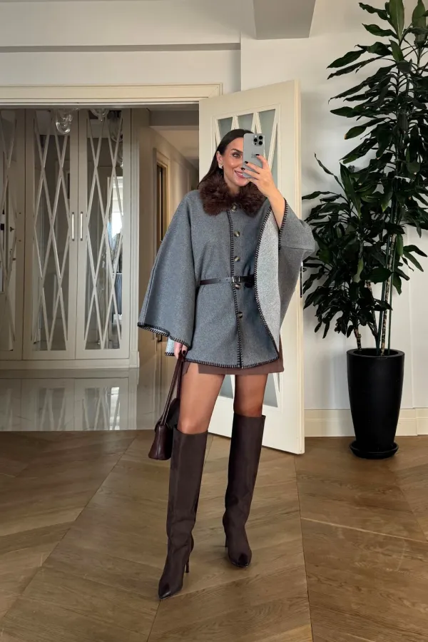 Dikiş Detaylı Suni Kürklü Kaşe Panço