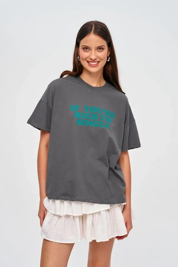 Oversize Bisiklet Yaka Baskılı Kadın Tişört