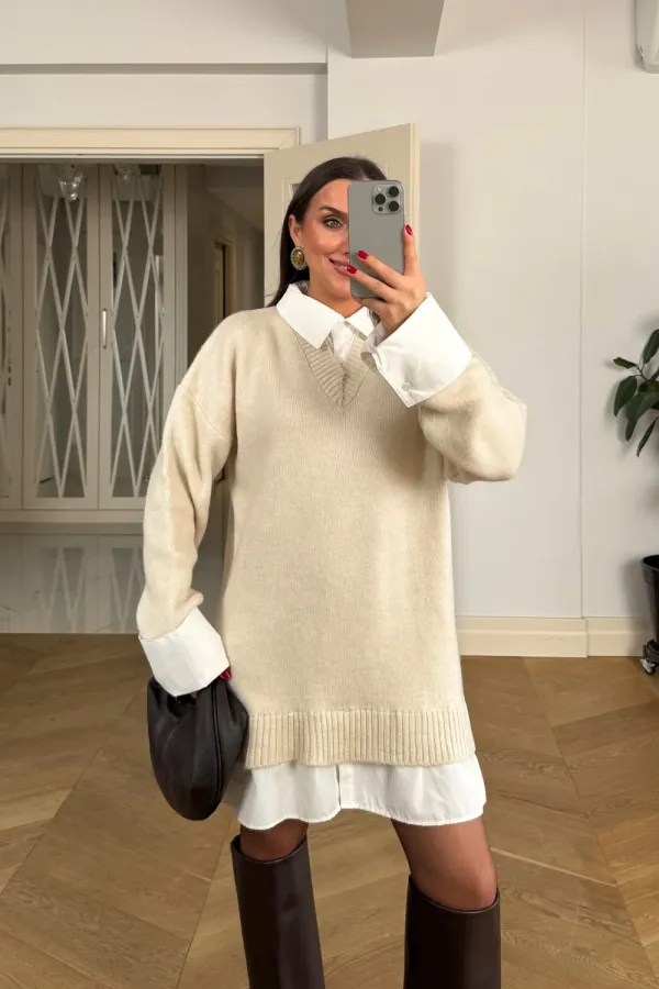 Gömlek Detaylı Mini Triko Elbise