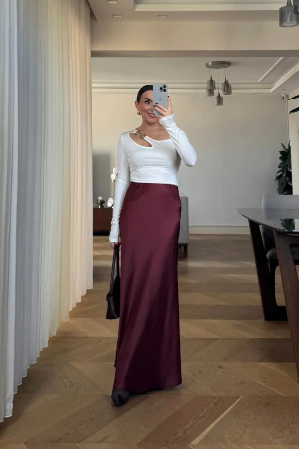 Beli Lastikli Uzun Saten Etek