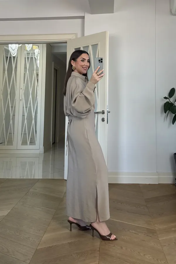 Kuşak Detaylı Uzun Kollu Gömlek Elbise