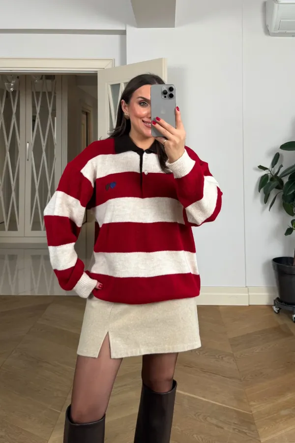 Polo Yaka Çizgili Triko Kadın Kazak