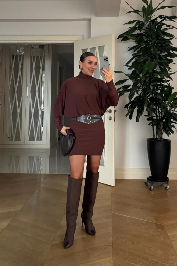 Yarasa Kol Kemerli Mini Elbise