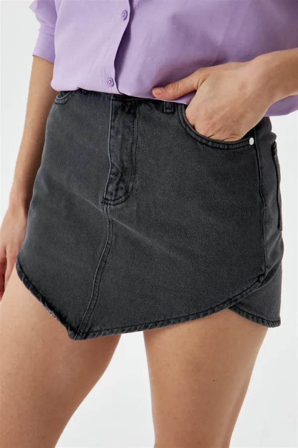 Asimetrik Kesim Mini Kot Etek