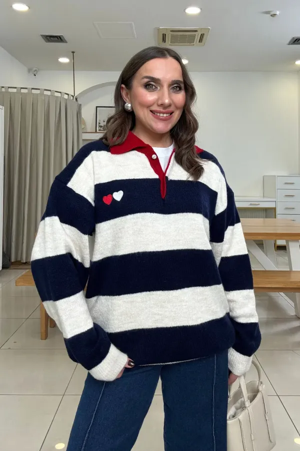 Polo Yaka Çizgili Triko Kadın Kazak