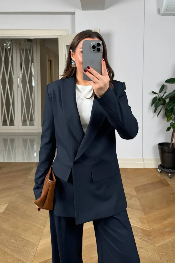 Kruvaze Çizgili Blazer Ceket Pantolon Kadın Takım Kruvaze Çizgili Blazer Ceket Pantolon Kadın Takım