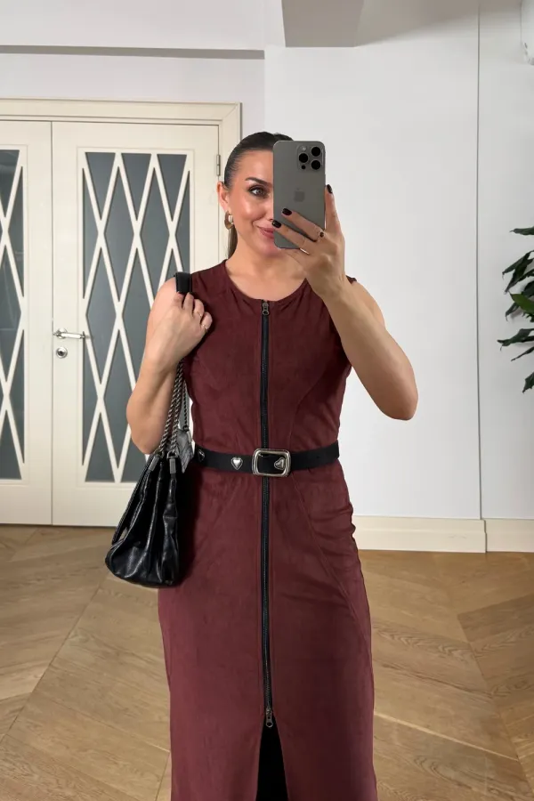 Suni Süet Sıfır Kol Midi Elbise