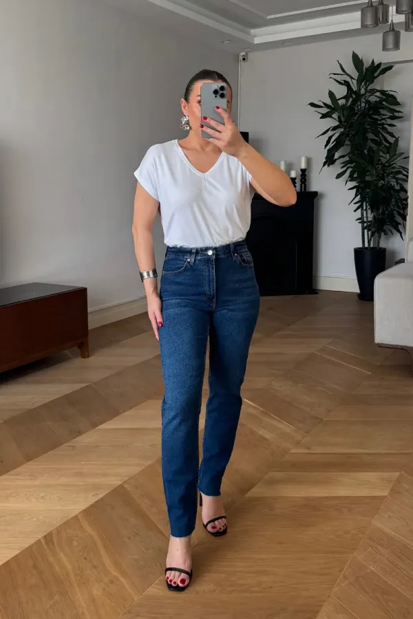 Kesik Paça Boyfit Kadın Denim Pantolon