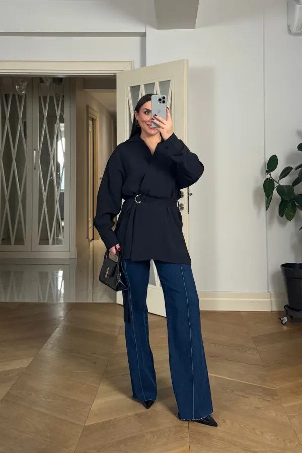 Kruvaze Kemerli Uzun Kollu Bluz