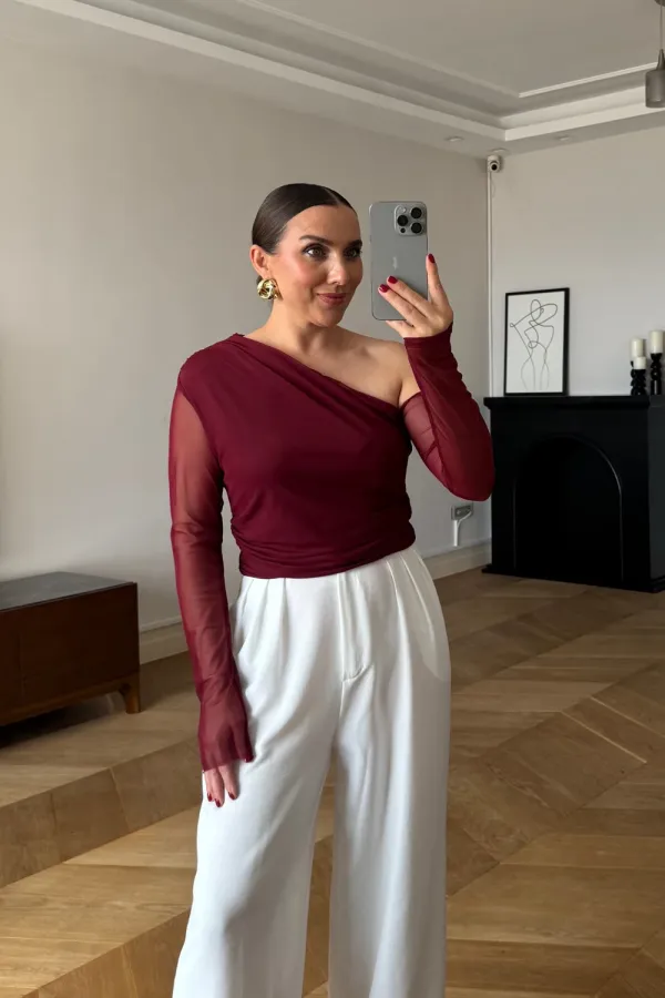 Drapeli Asimetrik Kesim Tül Bluz