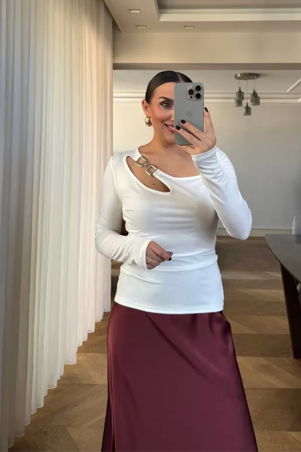 Asymmetrical Neckline Long-Sleeved Blouse