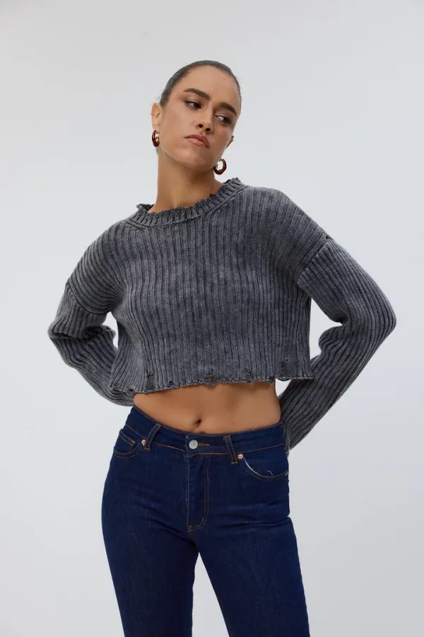 Bisiklet Yaka Crop Triko Kadın Kazak %100 Pamuk