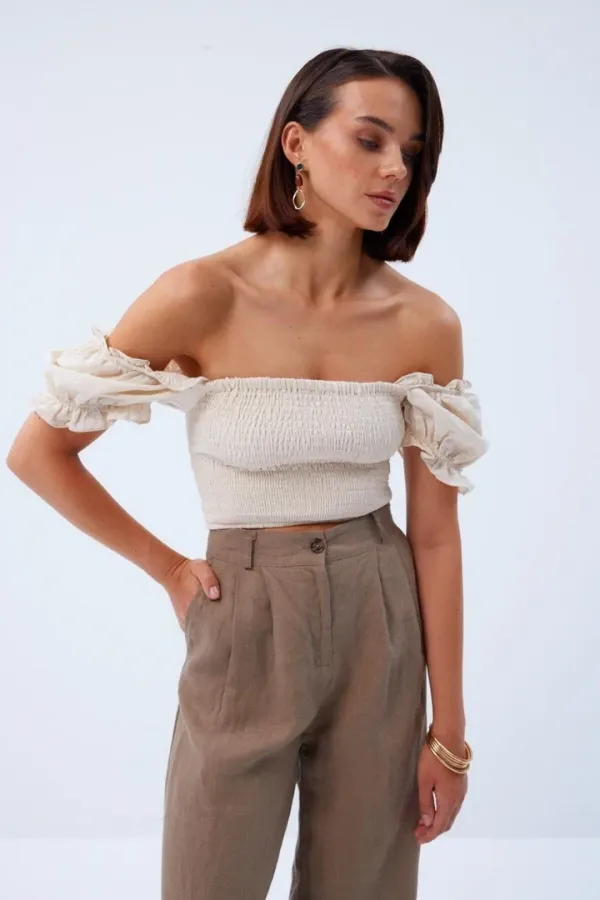 Balon Kol Gipeli Bej Bluz Tuba Butik