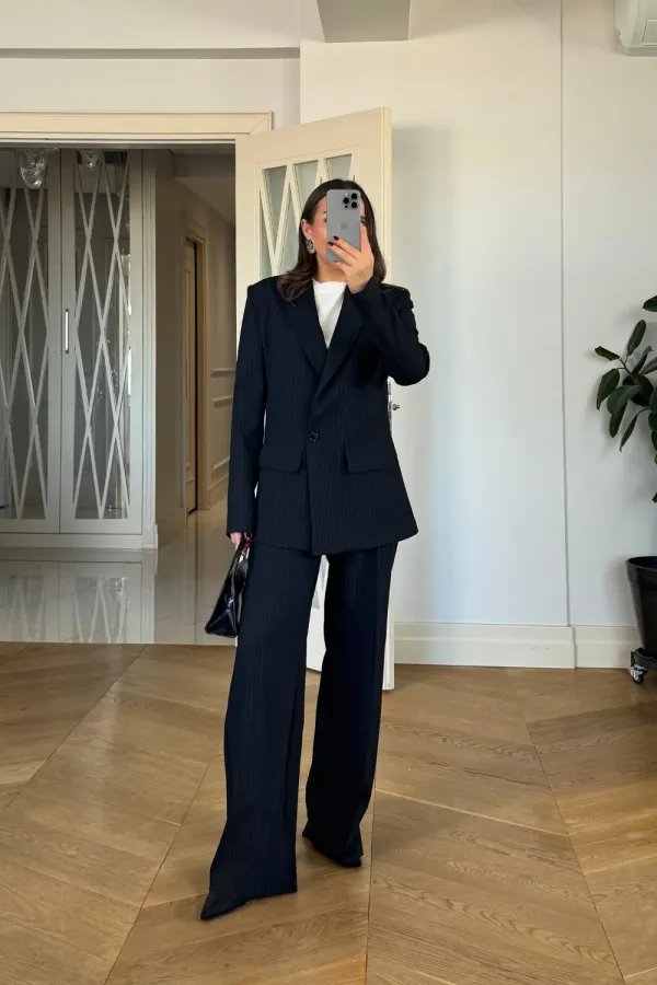 Kruvaze Çizgili Blazer Ceket Pantolon Kadın Takım Kruvaze Çizgili Blazer Ceket Pantolon Kadın Takım