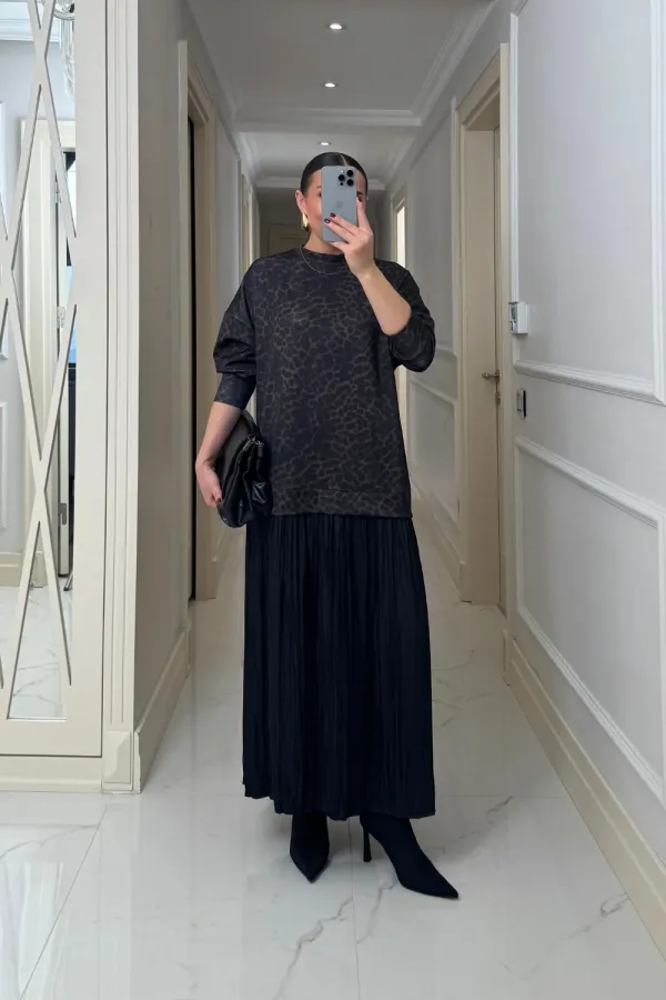 Leopar Desenli Sweat Uzun Elbise