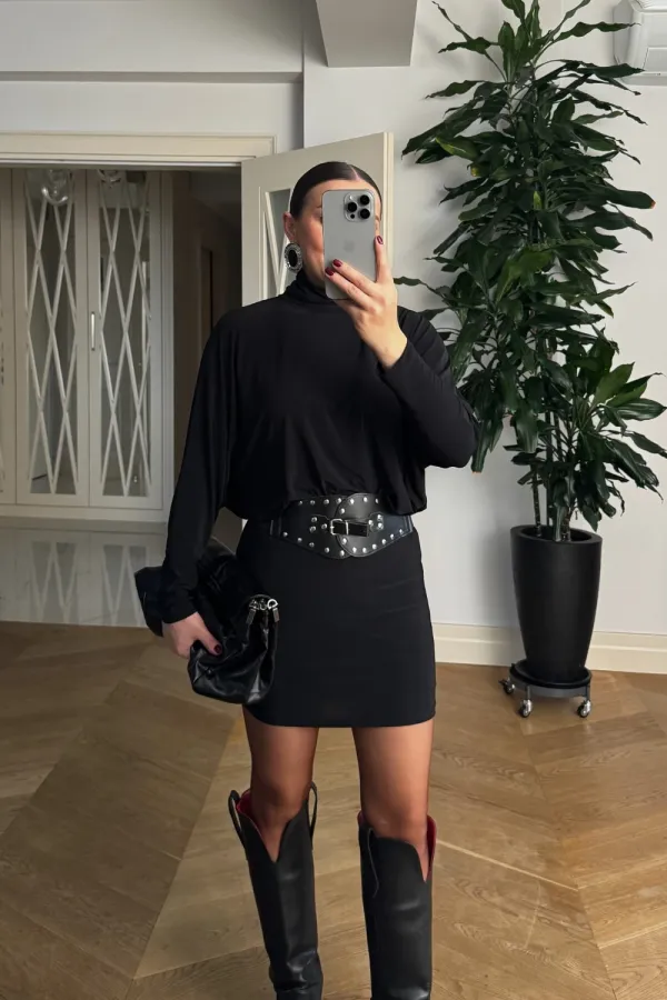 Yarasa Kol Kemerli Mini Elbise
