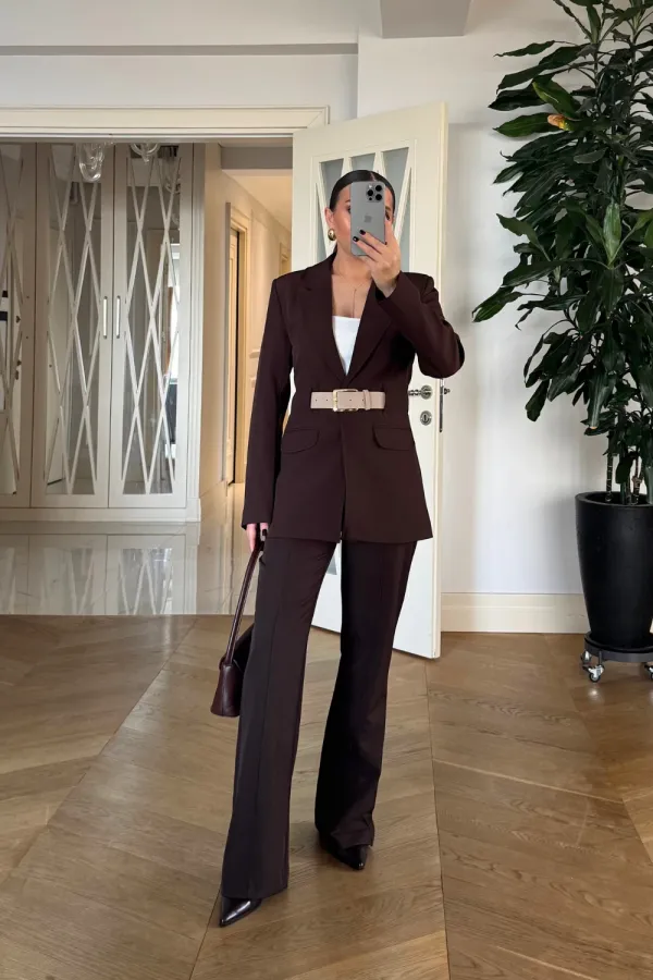Kemerli Blazer Ceket Pantolon Kadın Takım