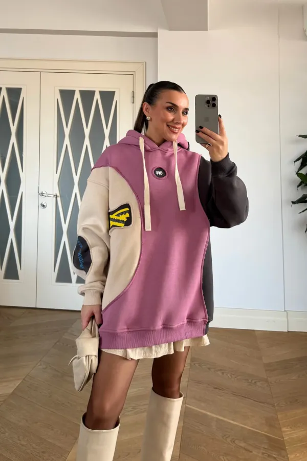 Blok Renkli Kapüşonlu Kadın Sweatshirt