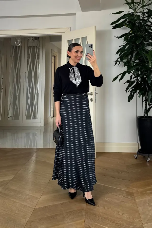 Puantiyeli Saten Uzun Etek