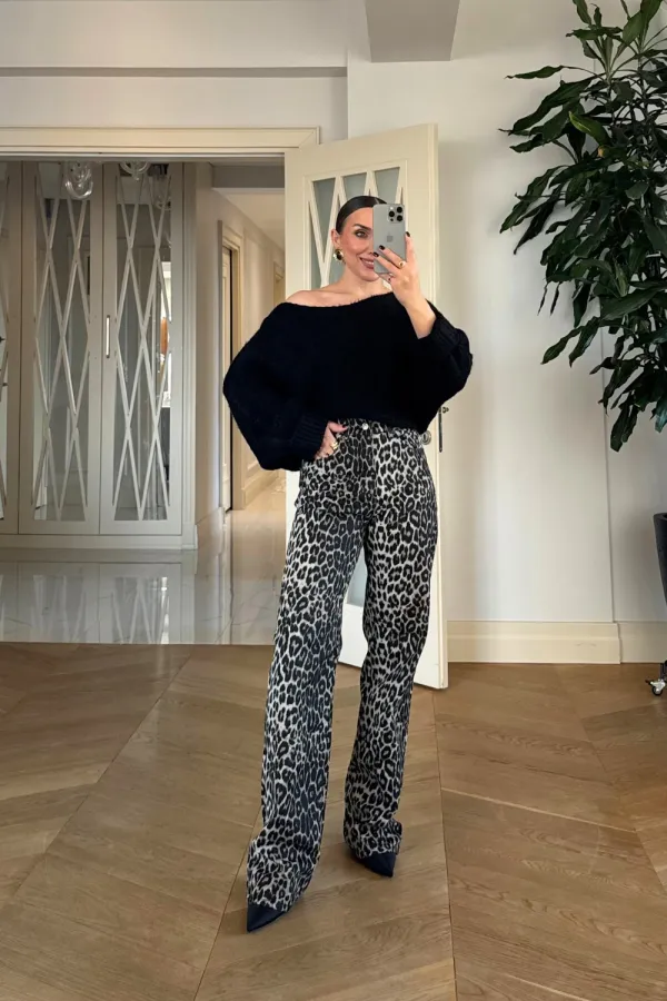 Leopar Desenli Denim Kadın Pantolon