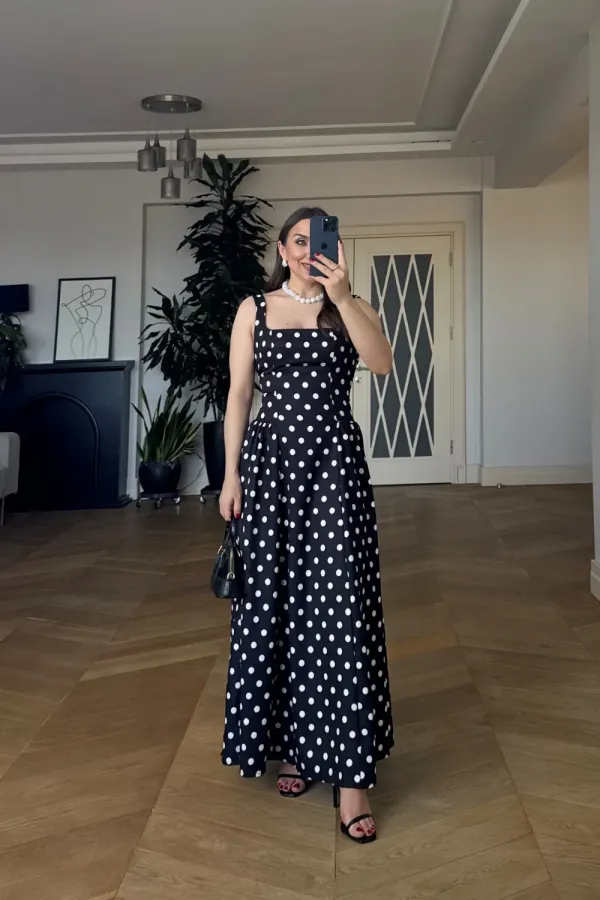 Square Neck Polka Dot Strappy Midi Dress Square Neck Polka Dot Strappy Midi Dress