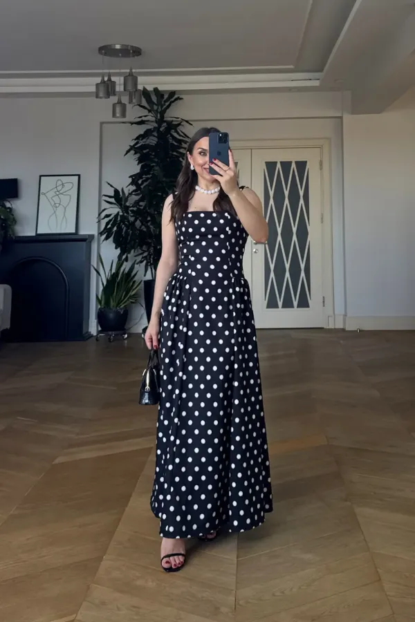 Square Neck Polka Dot Strappy Midi Dress Square Neck Polka Dot Strappy Midi Dress