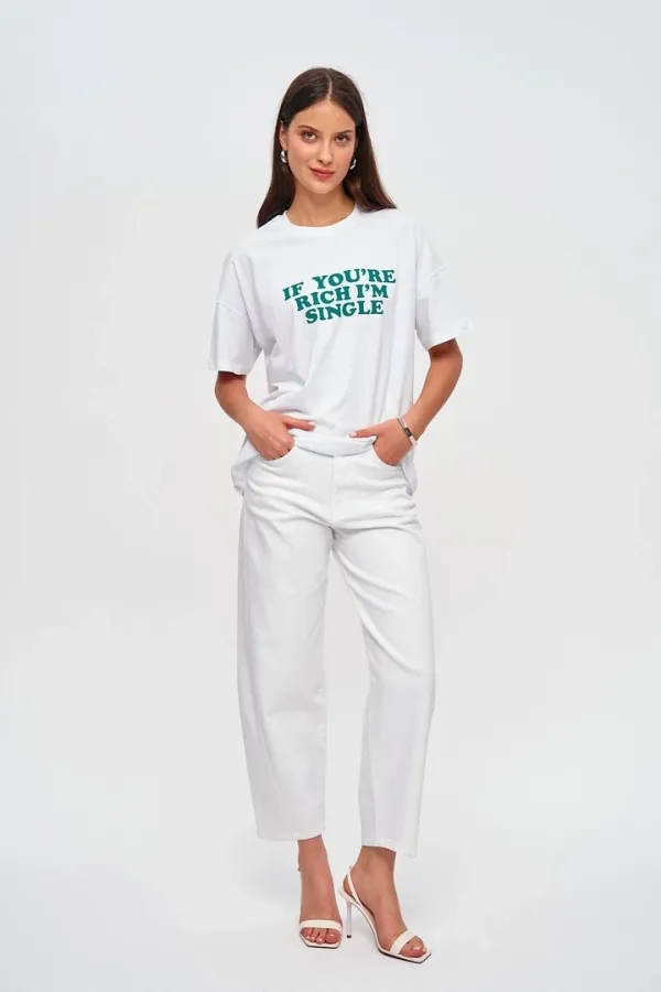 Oversize Bisiklet Yaka Baskılı Kadın Tişört