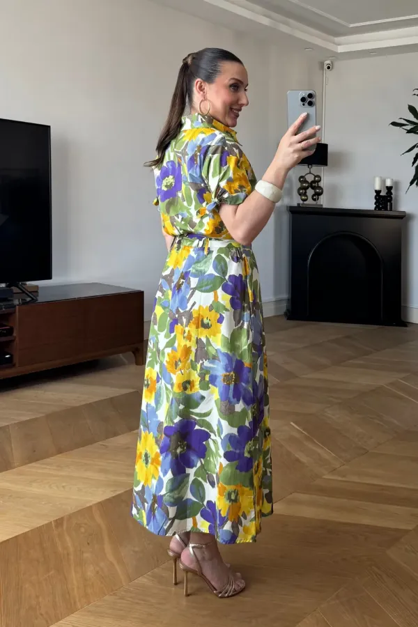 Çiçek Desenli Midi Gömlek Elbise