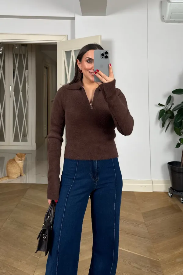 Polo Yaka Fermuarlı Triko Kadın Kazak