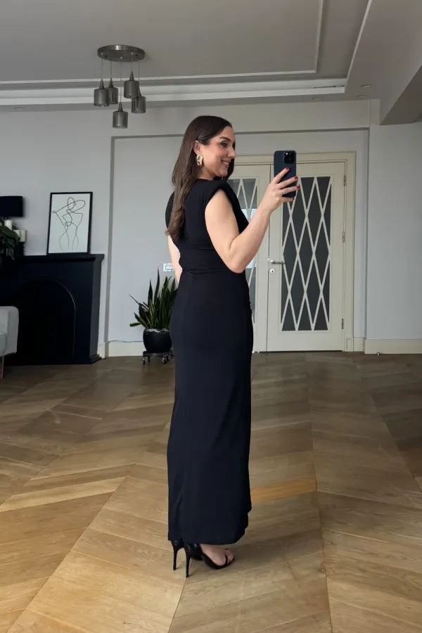 Sleeveless Long Dress with Gathered Detail and Padded Shoulders Sleeveless Long Dress with Gathered Detail and Padded Shoulders