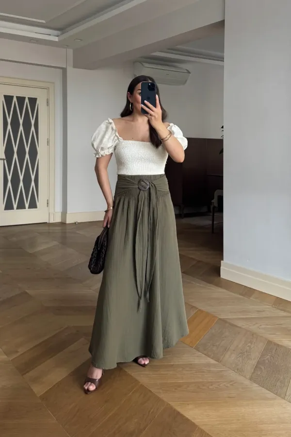 Beli Lastikli Müslin Midi Etek