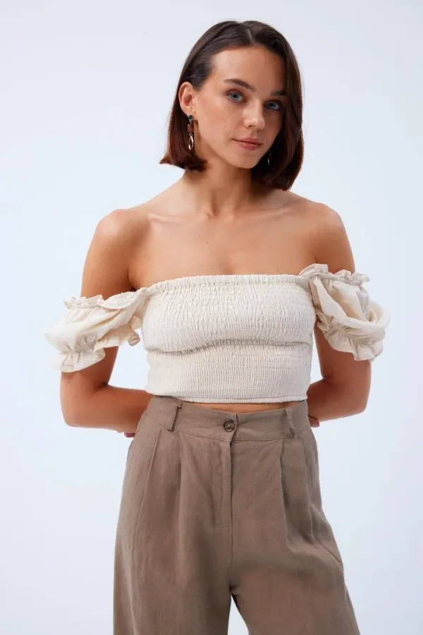 Balon Kol Gipeli Bej Bluz Tuba Butik