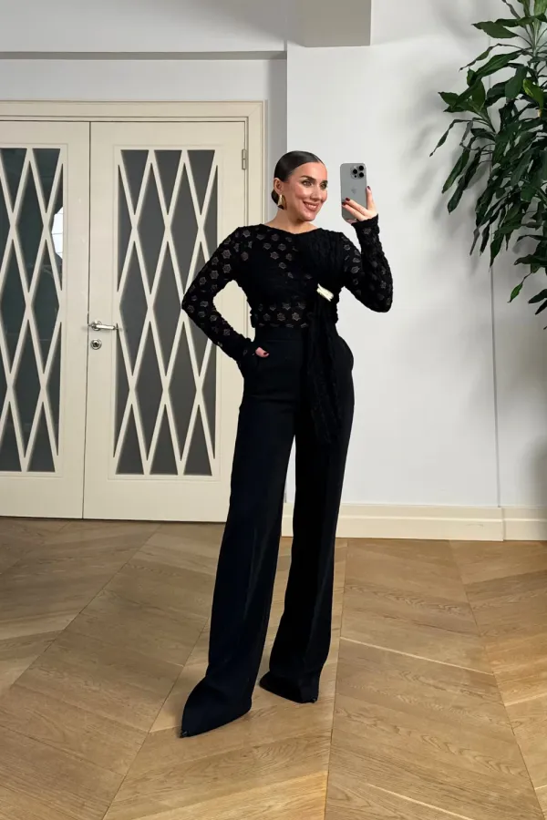 Transparan Uzun Kollu Şal Yaka Bluz