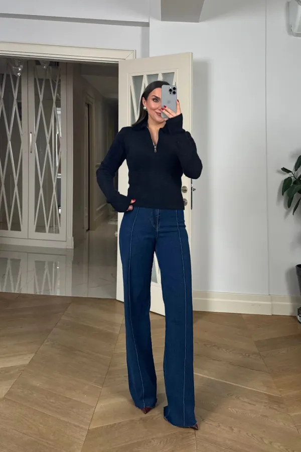 Polo Yaka Fermuarlı Triko Kadın Kazak