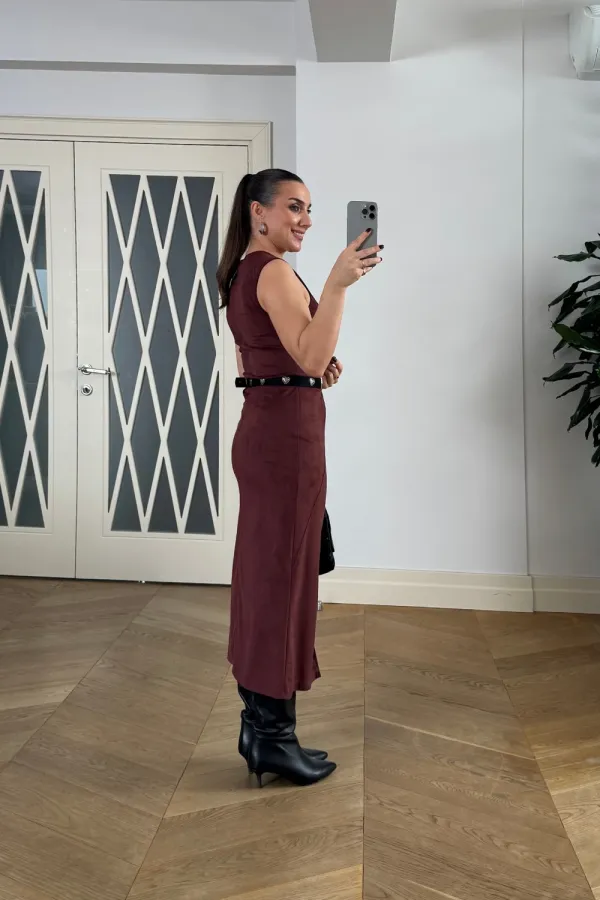 Suni Süet Sıfır Kol Midi Elbise