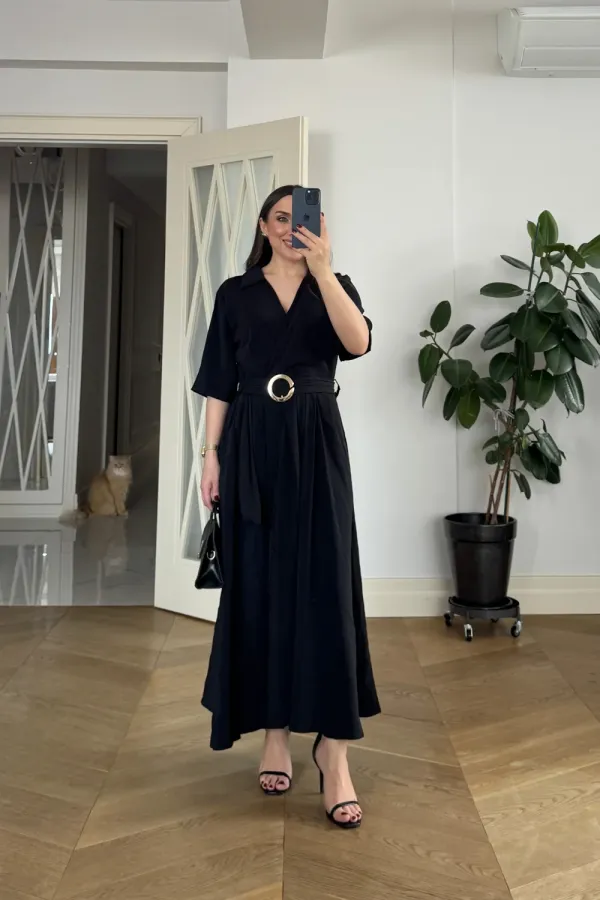 Kruvaze Yaka Kısa Kollu Uzun Elbise