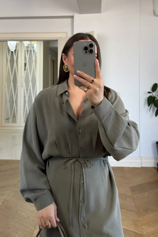 Kuşak Detaylı Uzun Kollu Gömlek Elbise