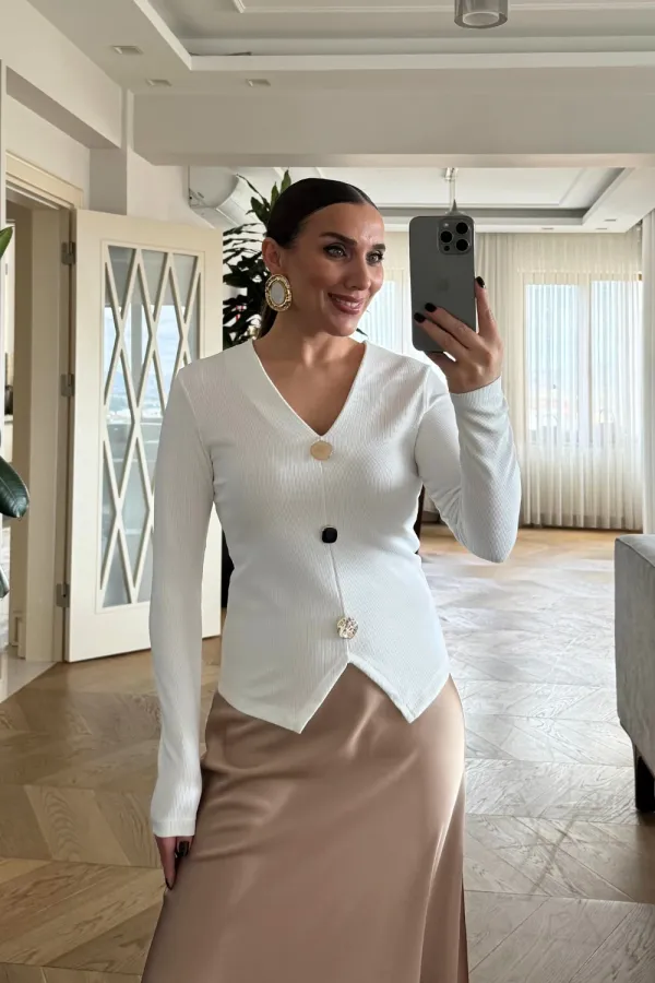 V Yaka Fitilli Uzun Kollu Bluz