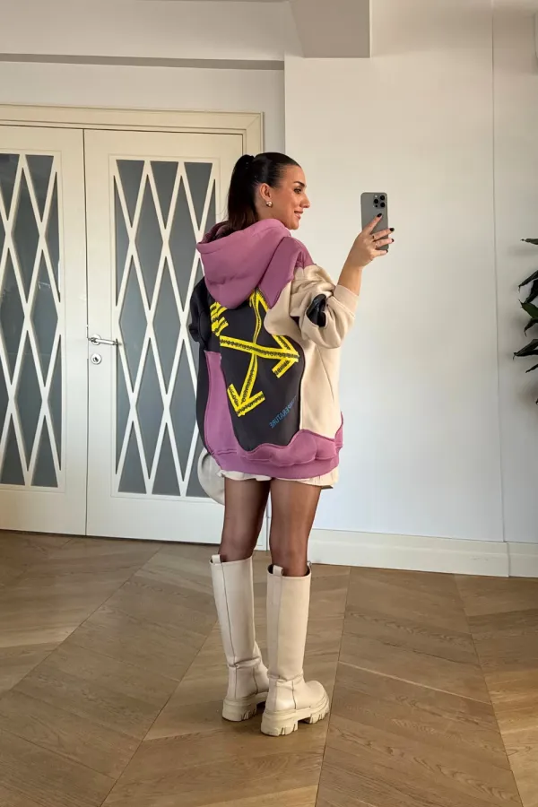 Blok Renkli Kapüşonlu Kadın Sweatshirt