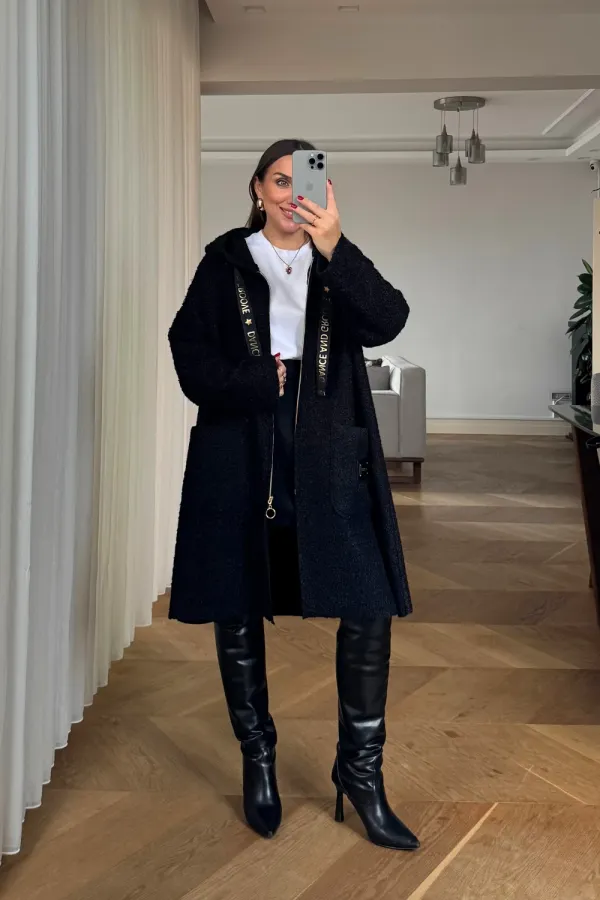 Kapüşonlu Buklet Kadın Ceket