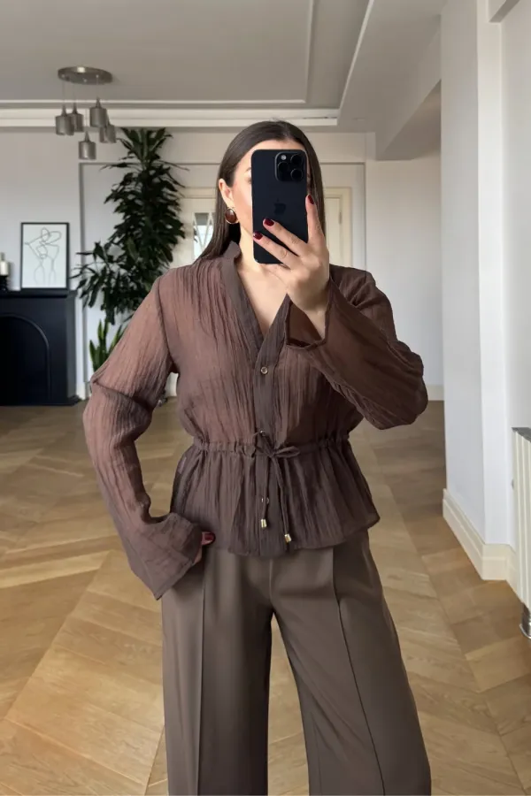 Hakim Yaka Bel Büzgülü Kadın Gömlek