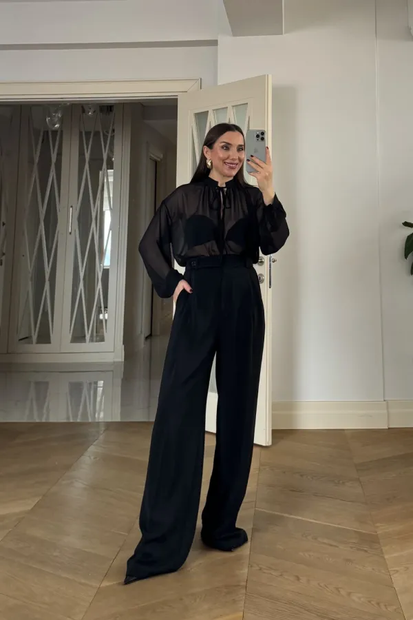 Chemisier en mousseline à manches longues et col mandarin